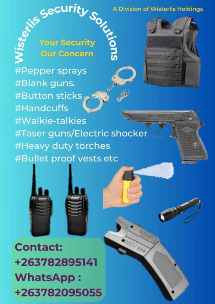 Greetings we are Wisterlis Security Solutions your supplier for all your security product needs including:
Blank guns
Bullet proof vests
Taser guns
Pepper sprays
Walkie talkies
Button sticks
Handcuffs
Heavy duty torches
CCTV 
Access Control