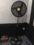 A picture of 6 by 4 feet bed and bedframe and standing fan