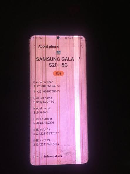 A picture of Samsung galaxy s20 plus with display lines and cracked back