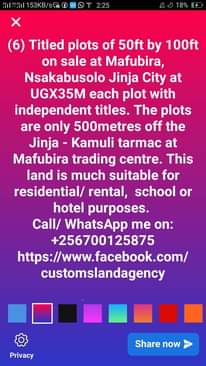 A picture of 6 tilted plots 50ft by 100ft Mafubira Jinja City 35M