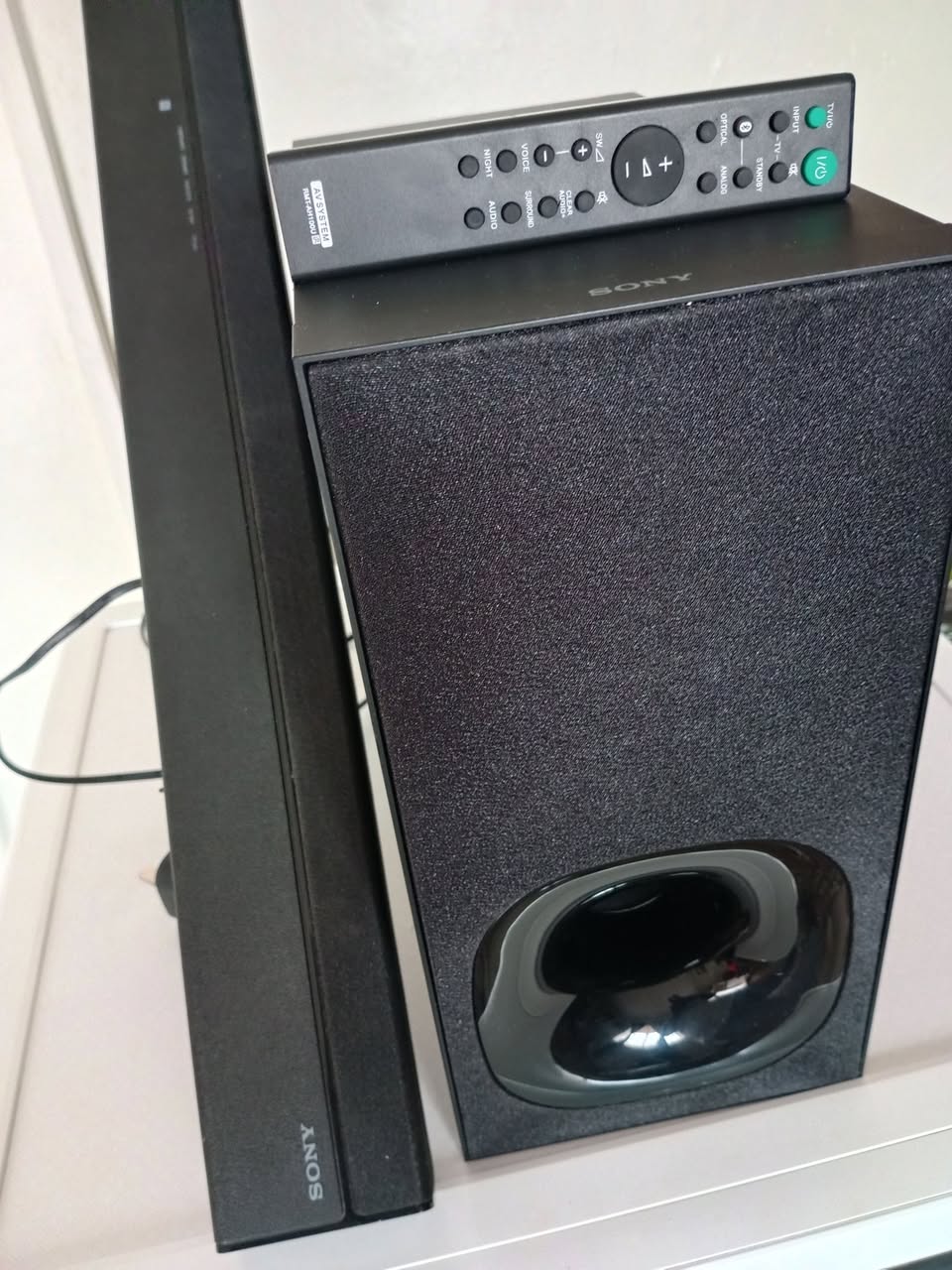 A picture of Sony sound bar with subwoofer