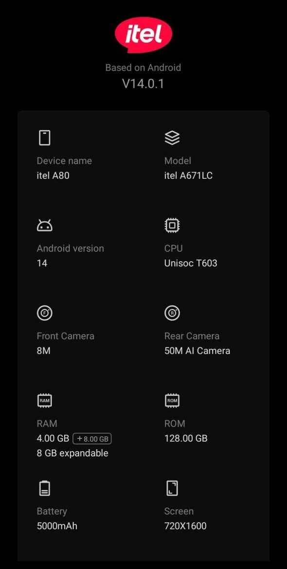 A picture of itel A80