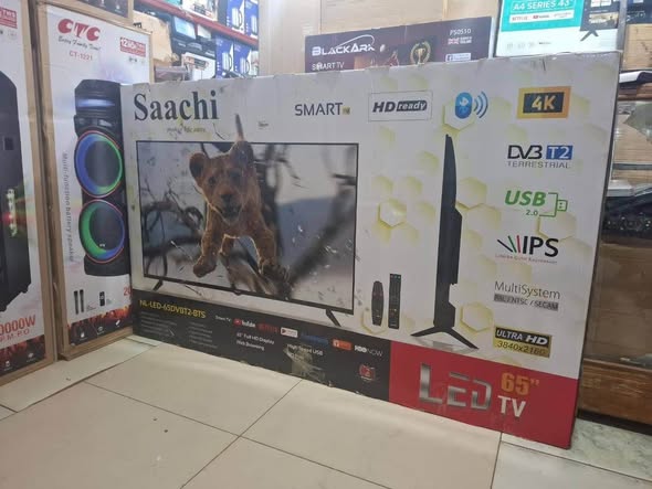 A picture of Saachi 65inch smart 4k available at only 1 55m Call