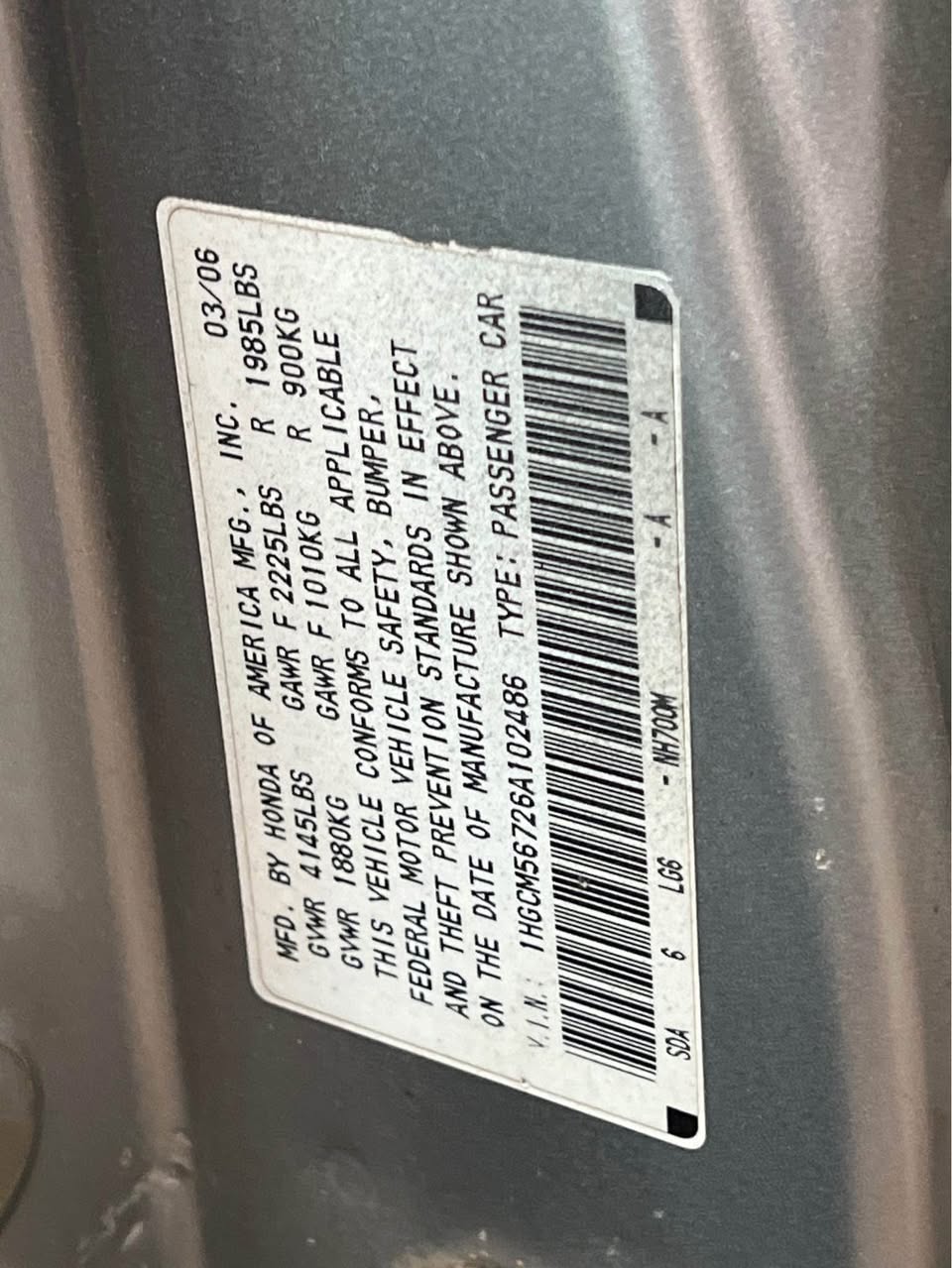 A picture of HONDA ACCORD DC 2006 MODEL