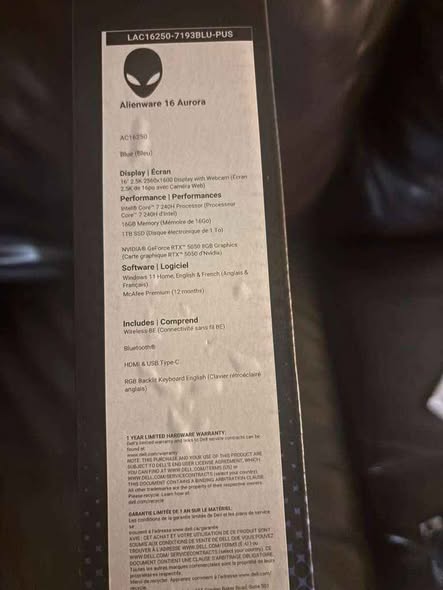 A picture of Alienware 16 Aurora Gaming Laptop AC16250 16 Location Abuja Phone
