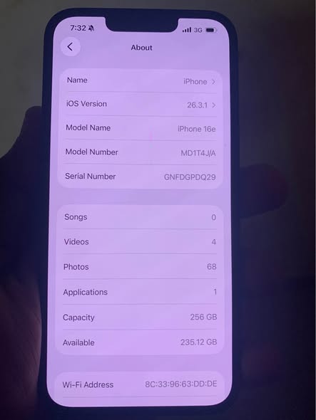 A picture of iPhone 16E 256 GB for sale Foreign used