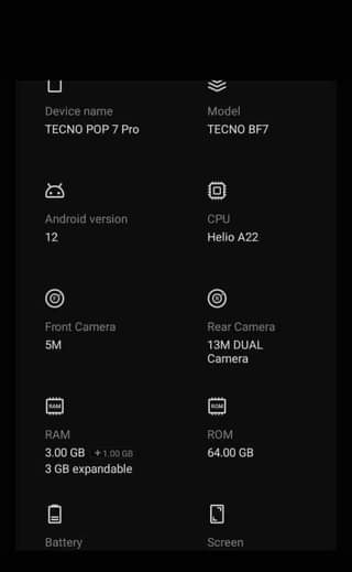A picture of TECNO POP 7 PRO 3GB RAM 64GB INTERNAL STORAGE