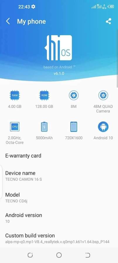 A picture of Tecno camon 16 s