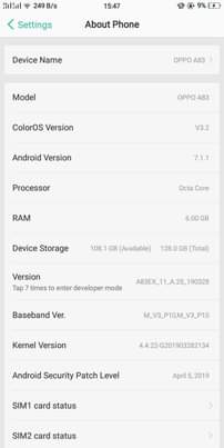 A picture of Oppo a83 128GB RAM 6GB