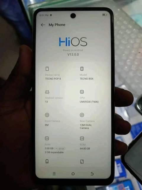 A picture of Tecno pop 8 ram 6gb storage 128gb