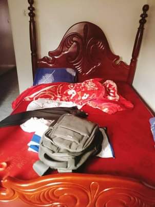 A picture of Bed and mattress 5by6 wardrobe and dressing mirror 750k