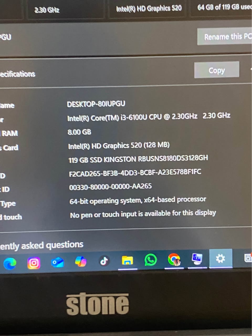 A picture of 2 months used Stone 15 6th Gen 8Gb ram 128Gb