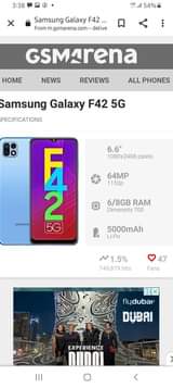 A picture of Samsung galaxy f42 ya 5g ram6 gb128 camera 64 battery