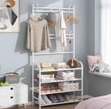 A picture of 4 layer black white hats rack lron metal adjustable shoe